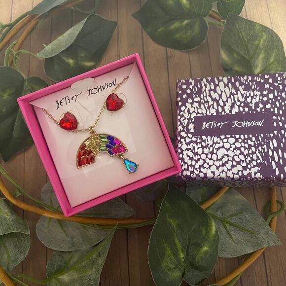 Betsy Johnson Rainbow Necklace Red Heart Earrings Set - Picture 1 of 7